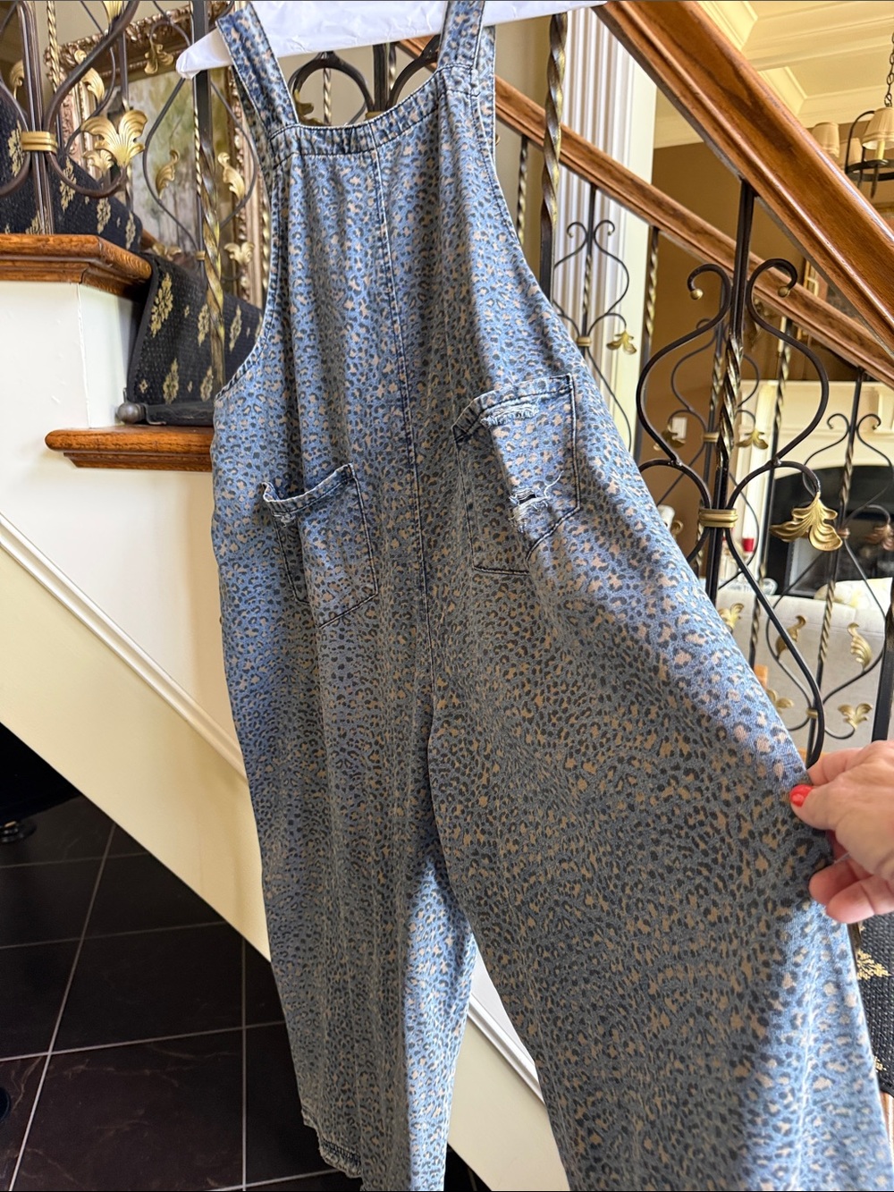 Easel Very Distressed Overall jumpsuit-jumper. Leopard blue jean.So cute. S EUC - Picture 7 of 8